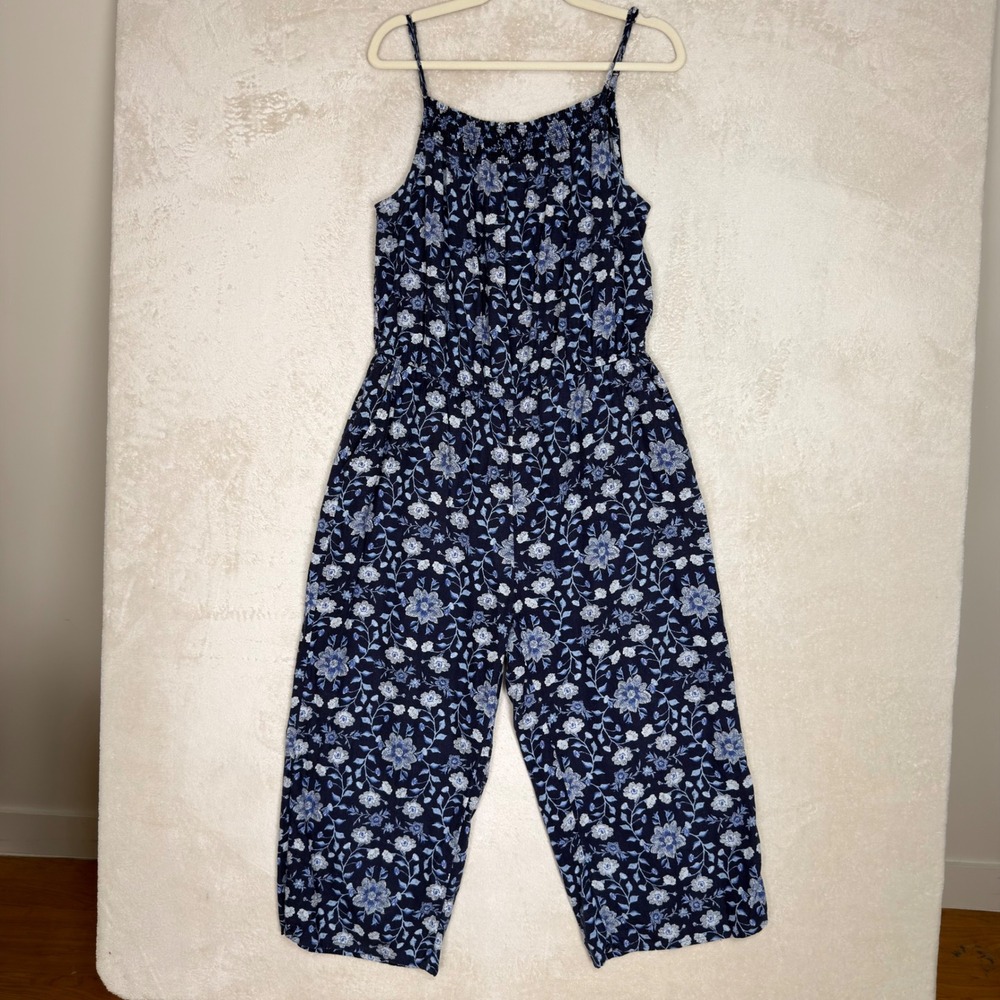 Old Navy Navy Blue Floral Linen Blend Smocked Wide Leg Jumpsuit L Coastal Resort